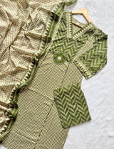 Green Printed Cotton Kurti Pant & Dupatta Set