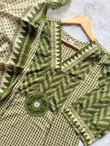 Green Printed Cotton Kurti Pant & Dupatta Set
