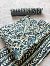 Cotton Printed Kurti Pant & Dupatta Set - Blue Grey