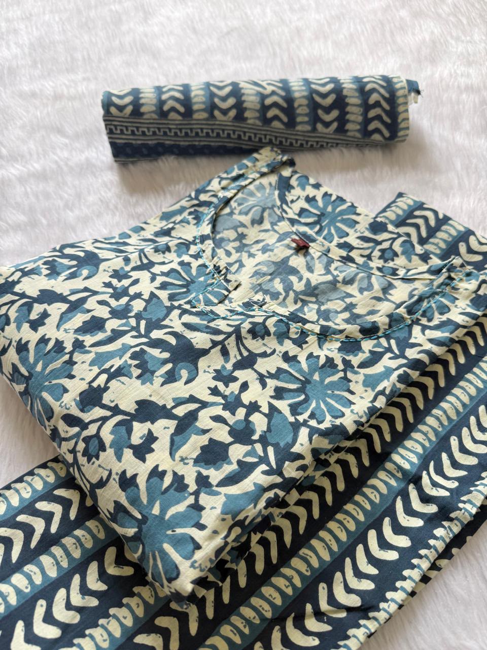 Cotton Printed Kurti Pant & Dupatta Set - Blue Grey