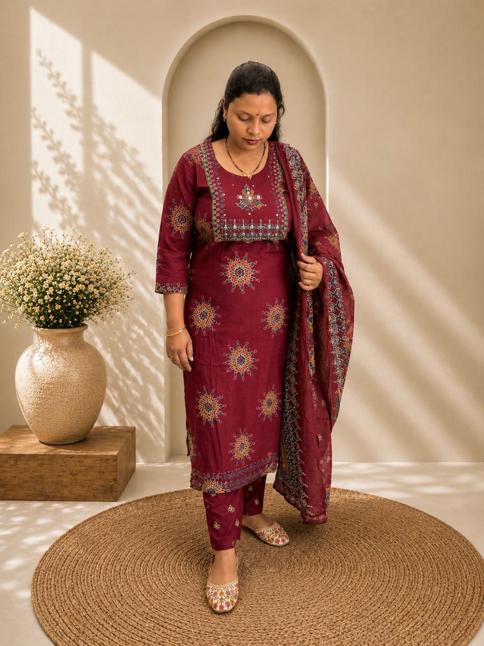 Mirror Work Yoke Kurti Pant & Printed Dupatta Set - Maroon