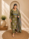 Mirror Work Yoke Kurti Pant & Printed Dupatta Set - Olive Green