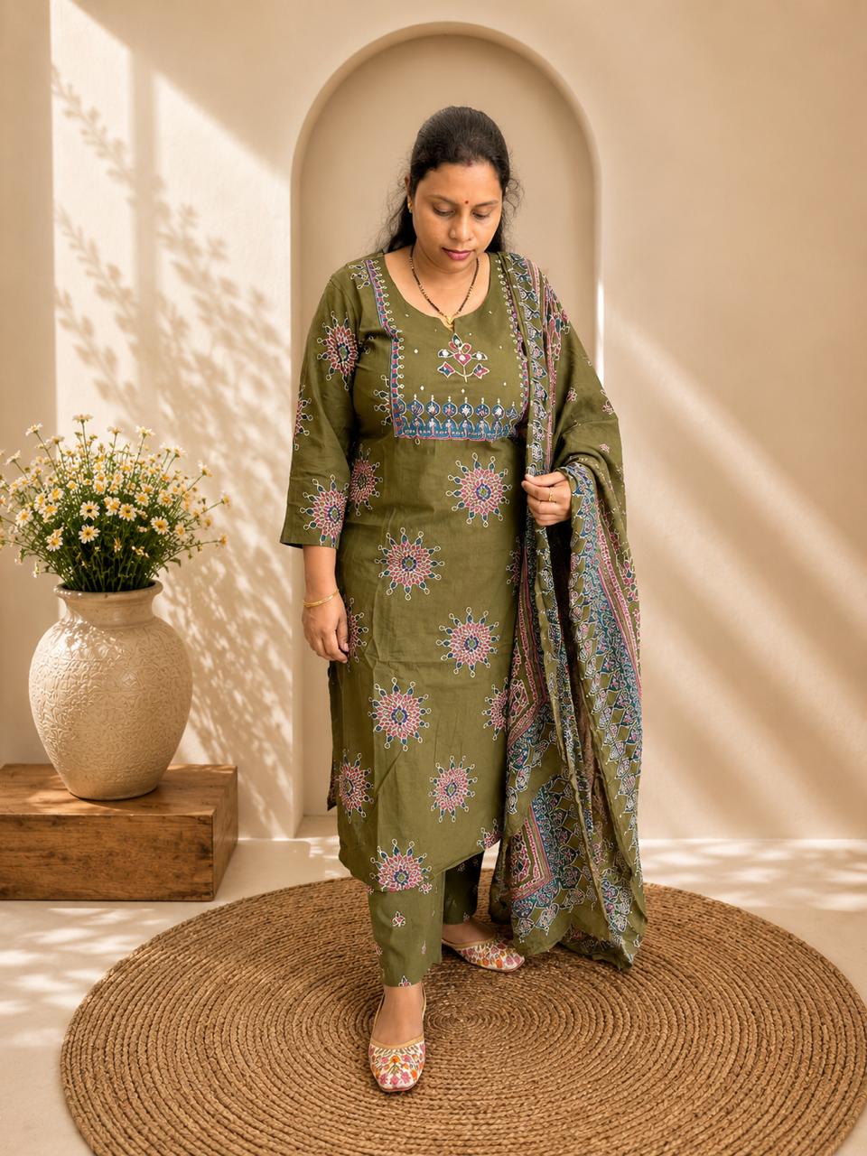 Mirror Work Yoke Kurti Pant & Printed Dupatta Set - Olive Green