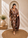 Embroidered V-Neck Cotton Kurti Pant & Printed Dupatta Set - Chocolate Brown