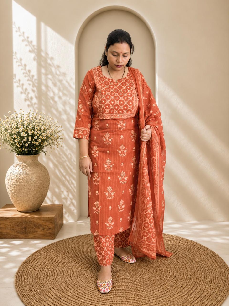 Floral Printed Kurti Pant & Dupatta Set with Mirror Work Yoke - Rust Orange