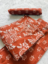 Rust Orange Floral Printed Cotton Kurti Pant Dupatta Set