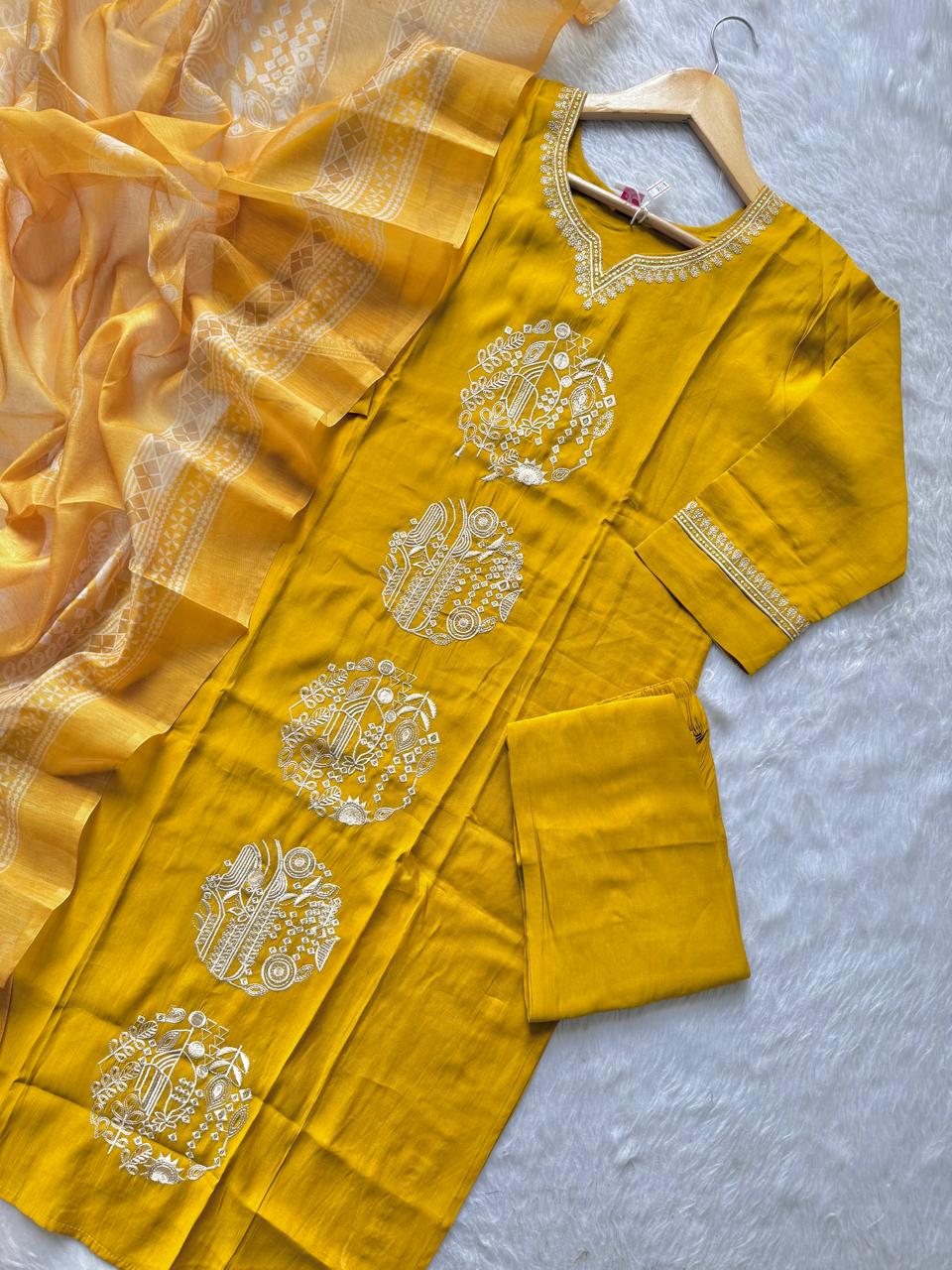Mustard Roman Silk Embroidered Kurti Pant & Dupatta Set