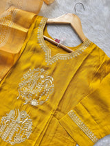 Mustard Roman Silk Embroidered Kurti Pant & Dupatta Set