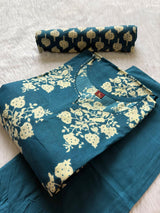 Teal BlueFloral Print Cotton Kurta Set with Pants and Matching Dupatta