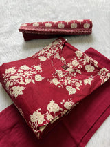 Maroon Floral Print Cotton Kurta Set with Pants and Matching Dupatta